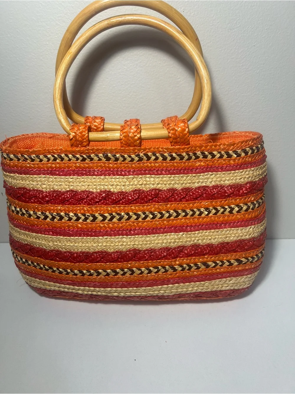 Woven Straw Tote Bag with Bamboo Handles - Orange Stripe